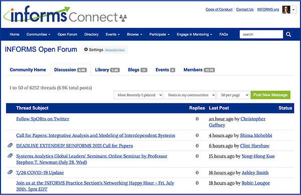 screenshot of the INFORMS Connect Open Forum for online discussion