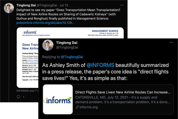 two tweets from member Tinglong Dai about press release written by INFORMS staff member Ashley Smith